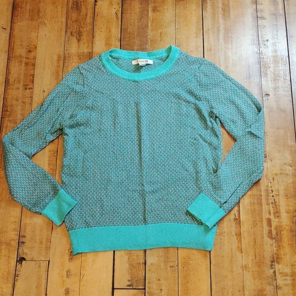Forever 21 Sweater Medium Blue Green Teal Gray Spring Easter